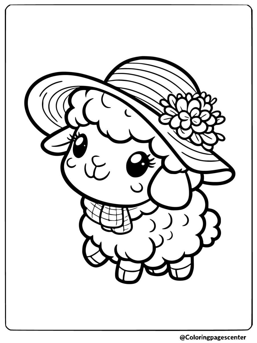 Cute sheep with hat and scarf coloring page for kids