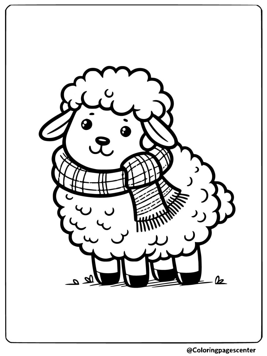 Simple sheep in scarf winter coloring page for kids