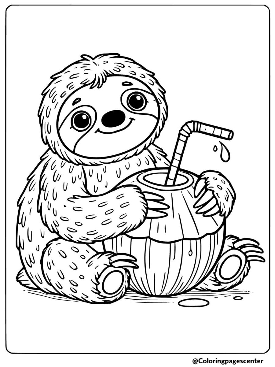 Coloring page of an easy sloth drinking from a coconut