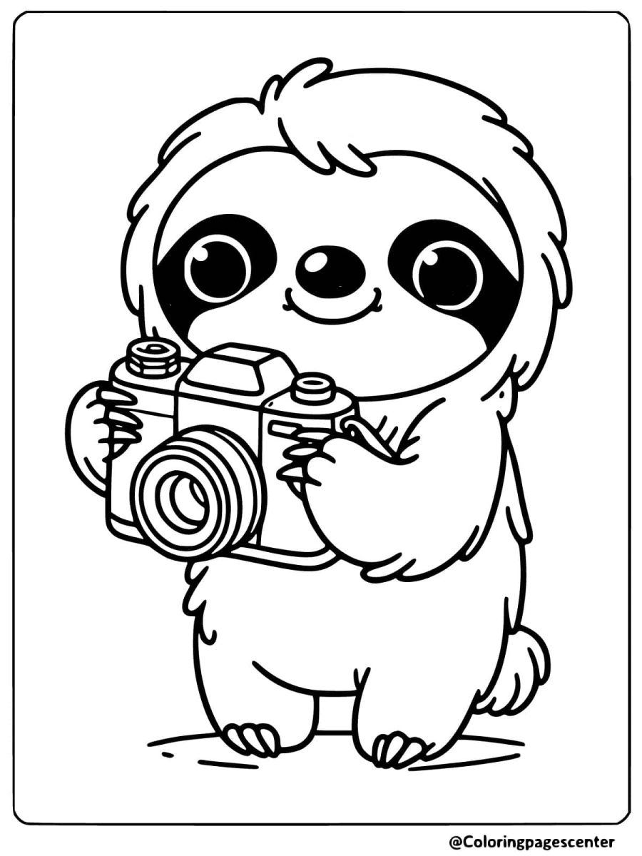 Coloring page of an easy sloth holding a camera