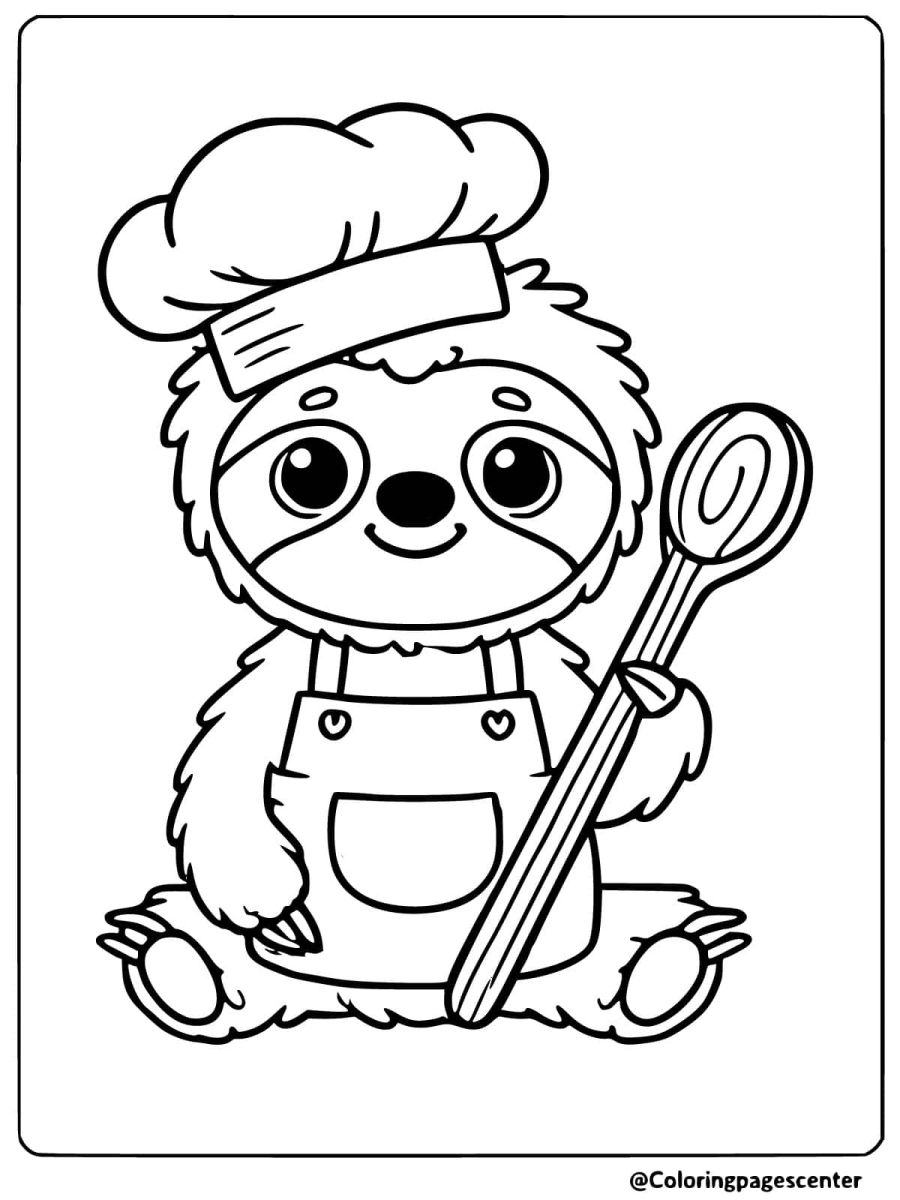 Easy sloth coloring page featuring a sloth in a chef outfit