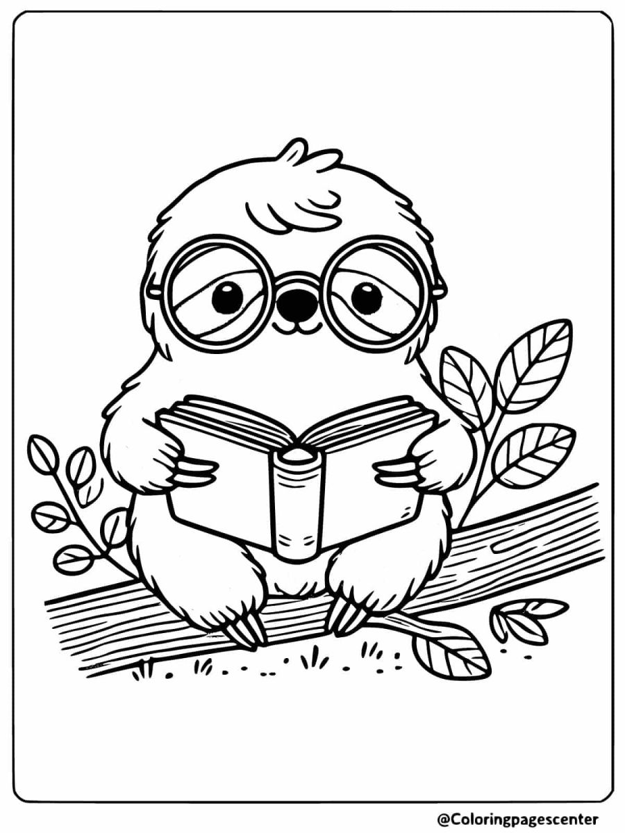 Easy sloth coloring page showing a sloth reading with glasses