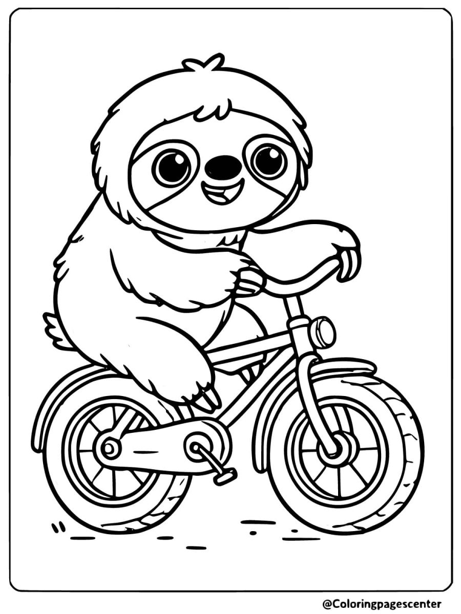 Easy sloth coloring page showing a sloth riding a bicycle