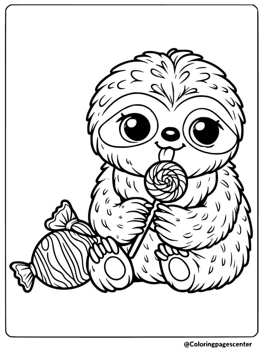 Easy sloth coloring page featuring a sloth with candy