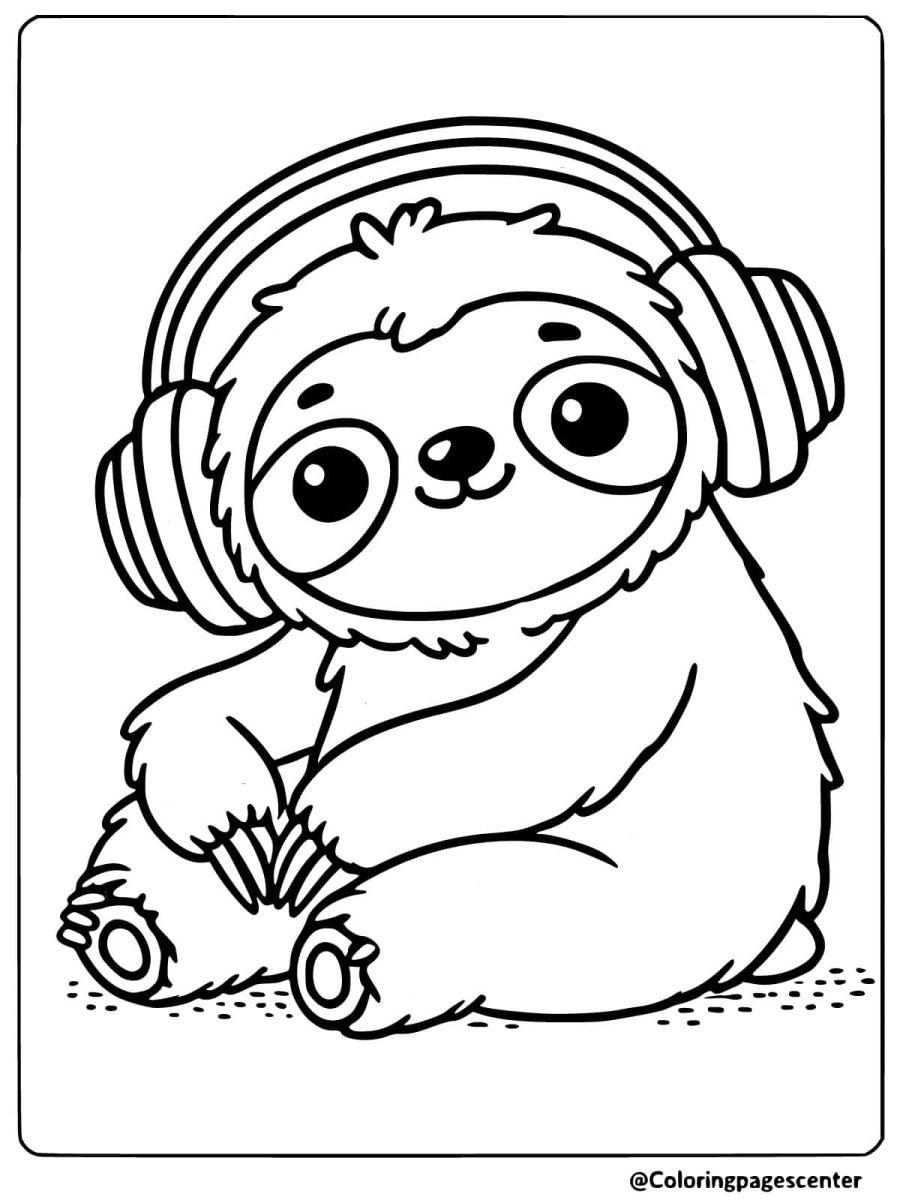 Coloring page of an easy sloth listening to music with headphones