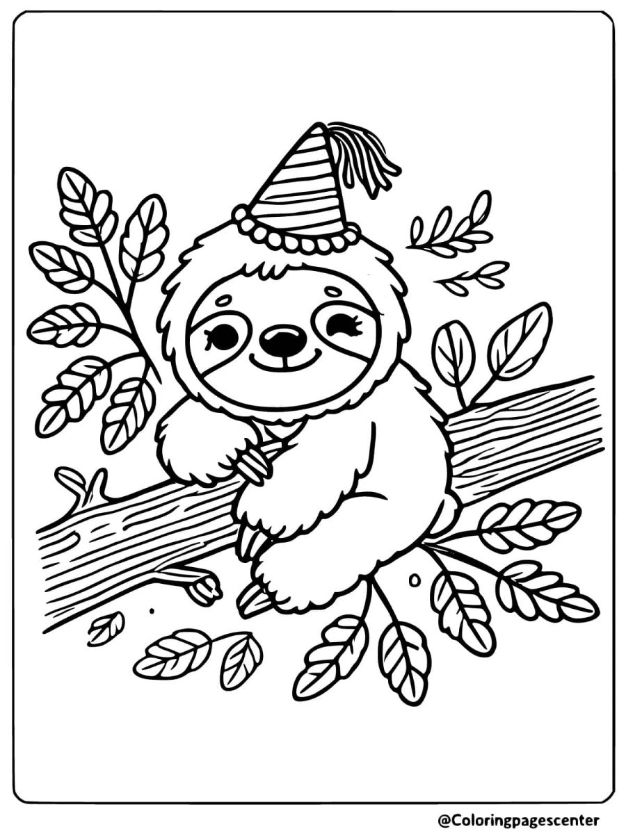 Coloring page of an easy sloth wearing a party hat on a tree