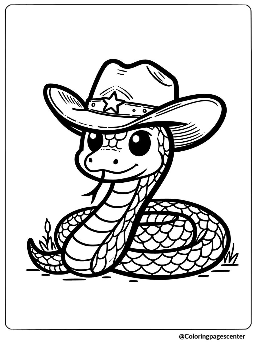 Fun snake wearing a cowboy hat coloring page for kids