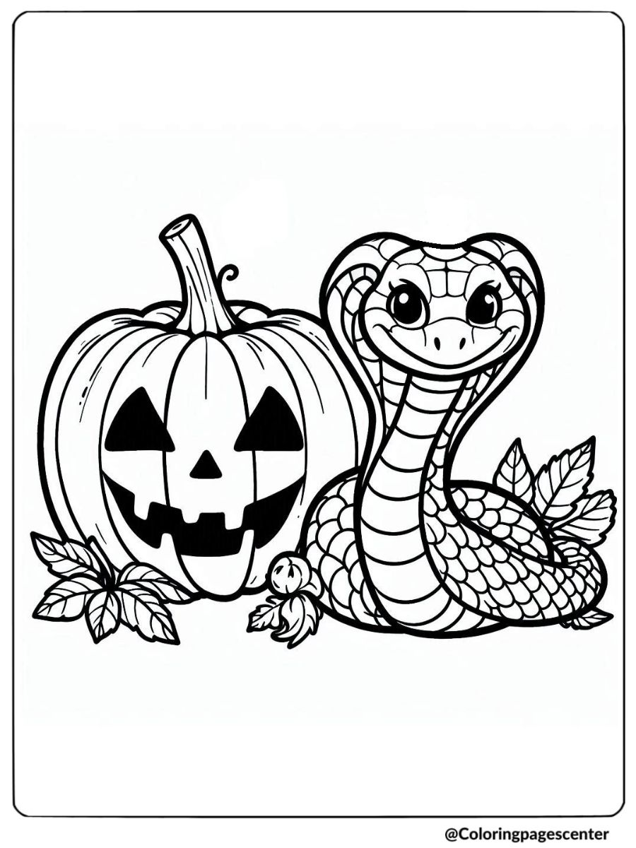 Smiling snake with Halloween pumpkin coloring page for kids