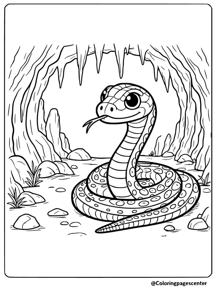 Easy coiled snake inside a cave coloring page for kids