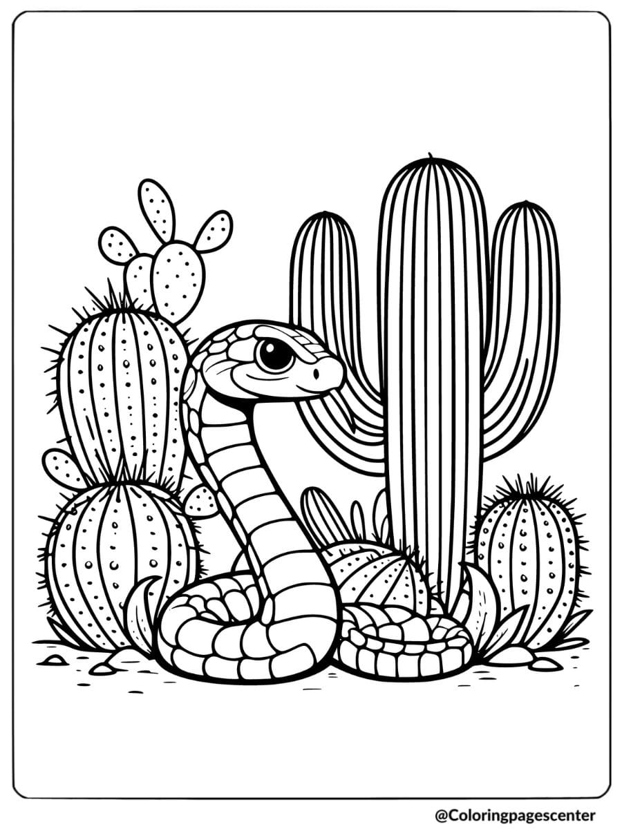 Easy snake resting next to cacti in a desert coloring page