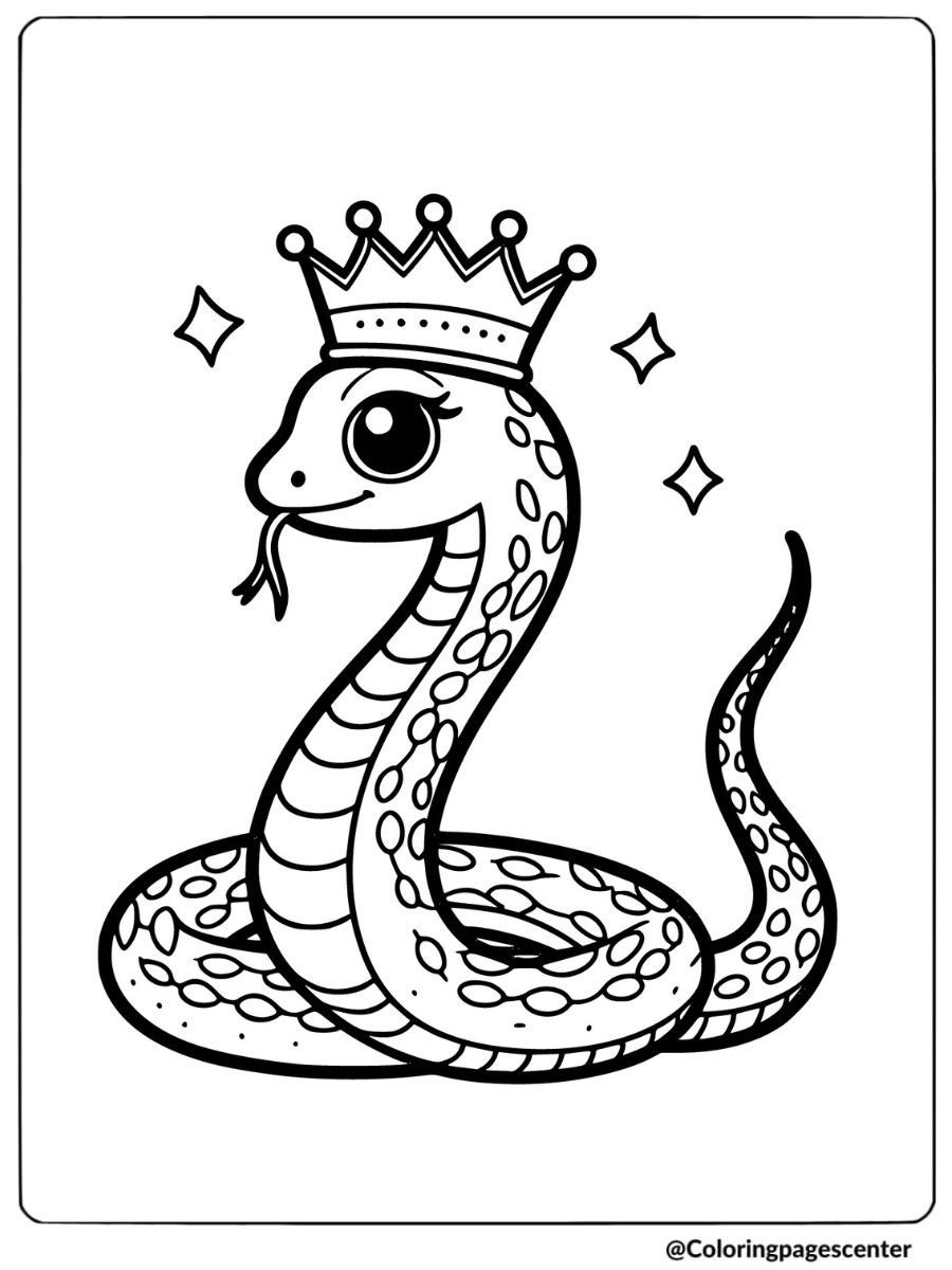 Easy regal snake wearing a crown coloring page for kids