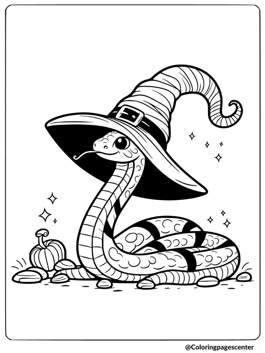 Snake wearing a witch hat with pumpkins coloring page for kids