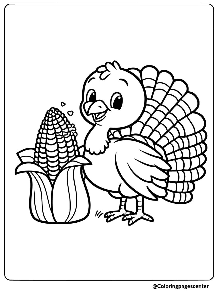 Easy turkey and corn coloring page for kids