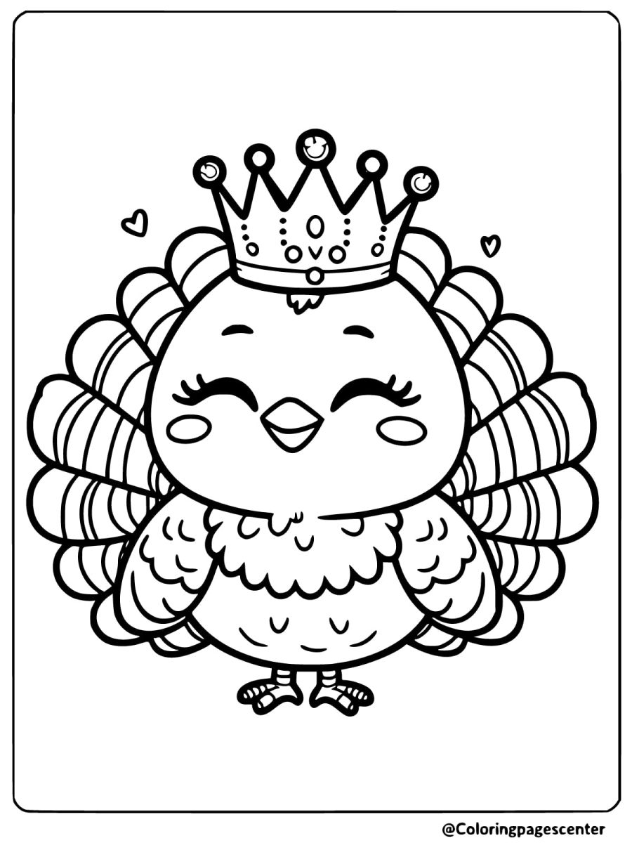 Easy turkey with crown coloring page for kids