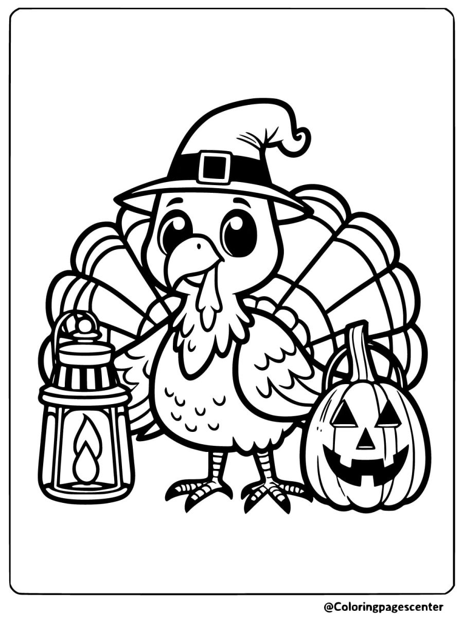 Easy turkey with pumpkin coloring page for kids