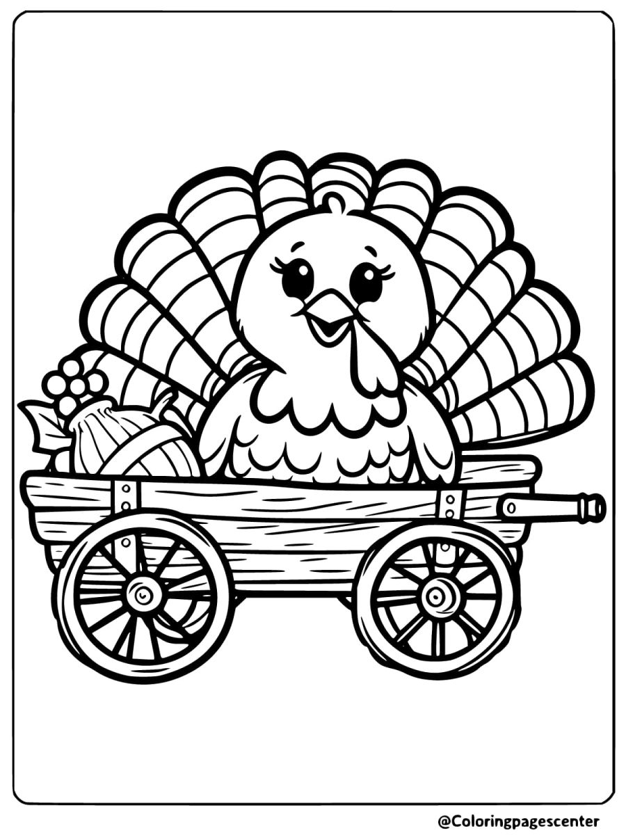 Easy turkey in wagon coloring page for kids