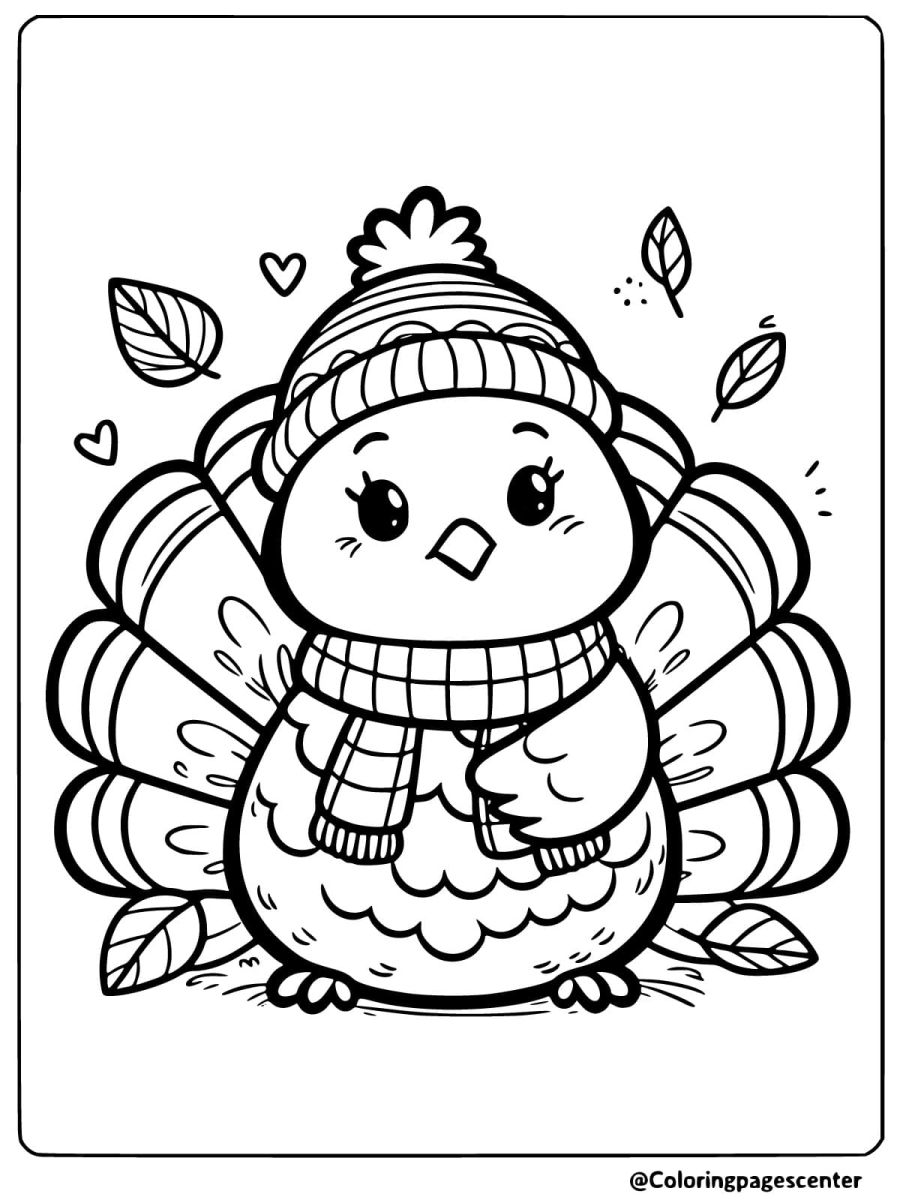 Simple turkey with winter hat coloring page