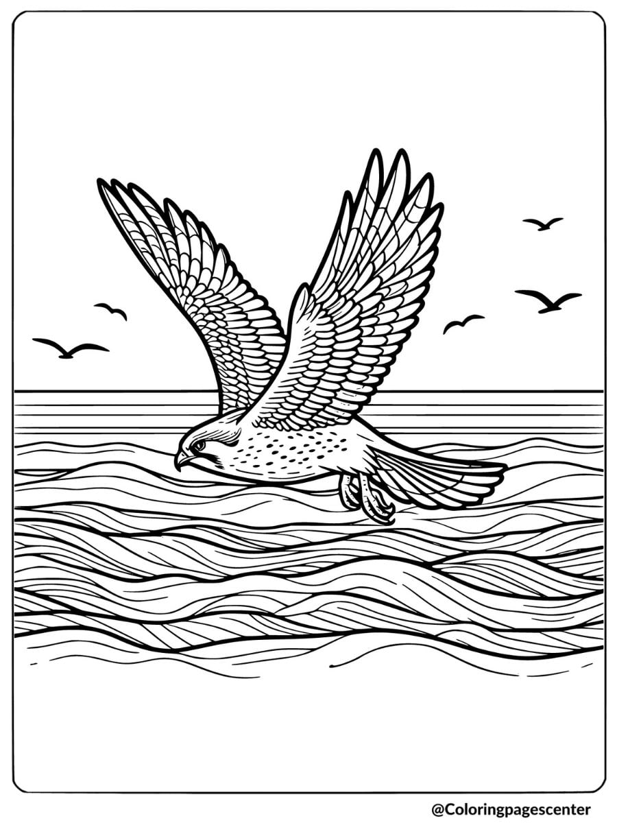 A falcon flying above the waves coloring page