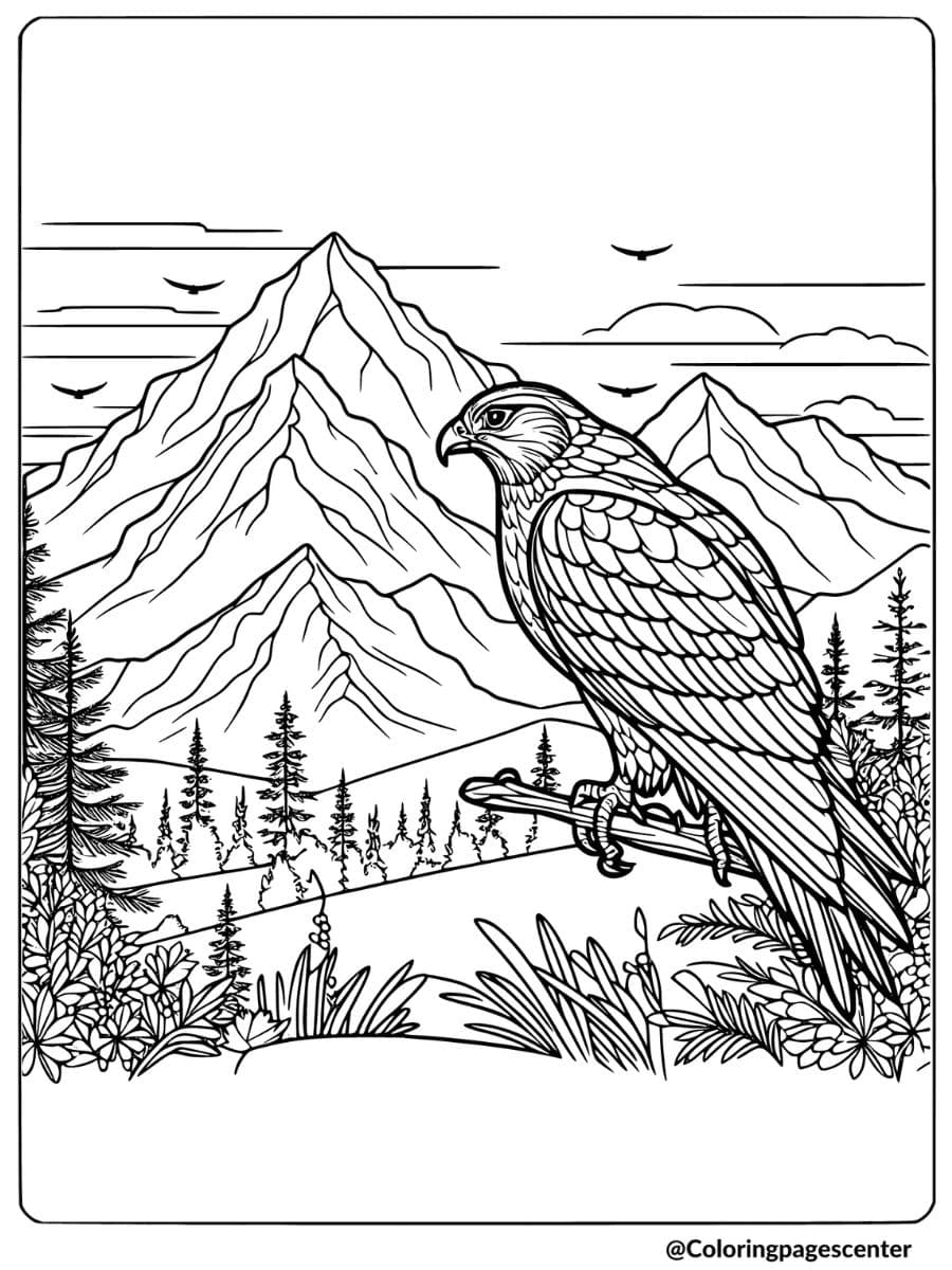 A falcon sitting on a branch in a forest coloring page