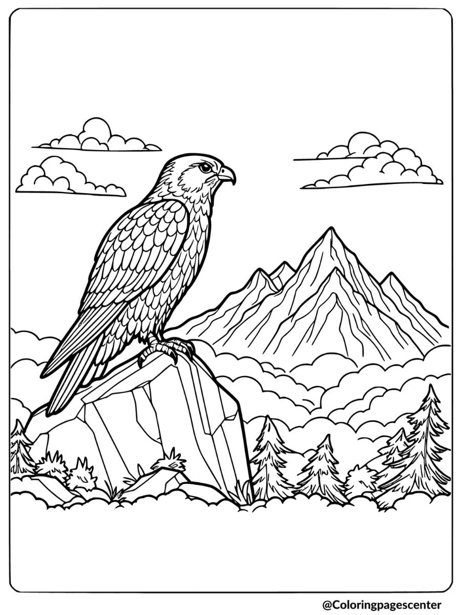 A falcon perched on a rock with mountains coloring page