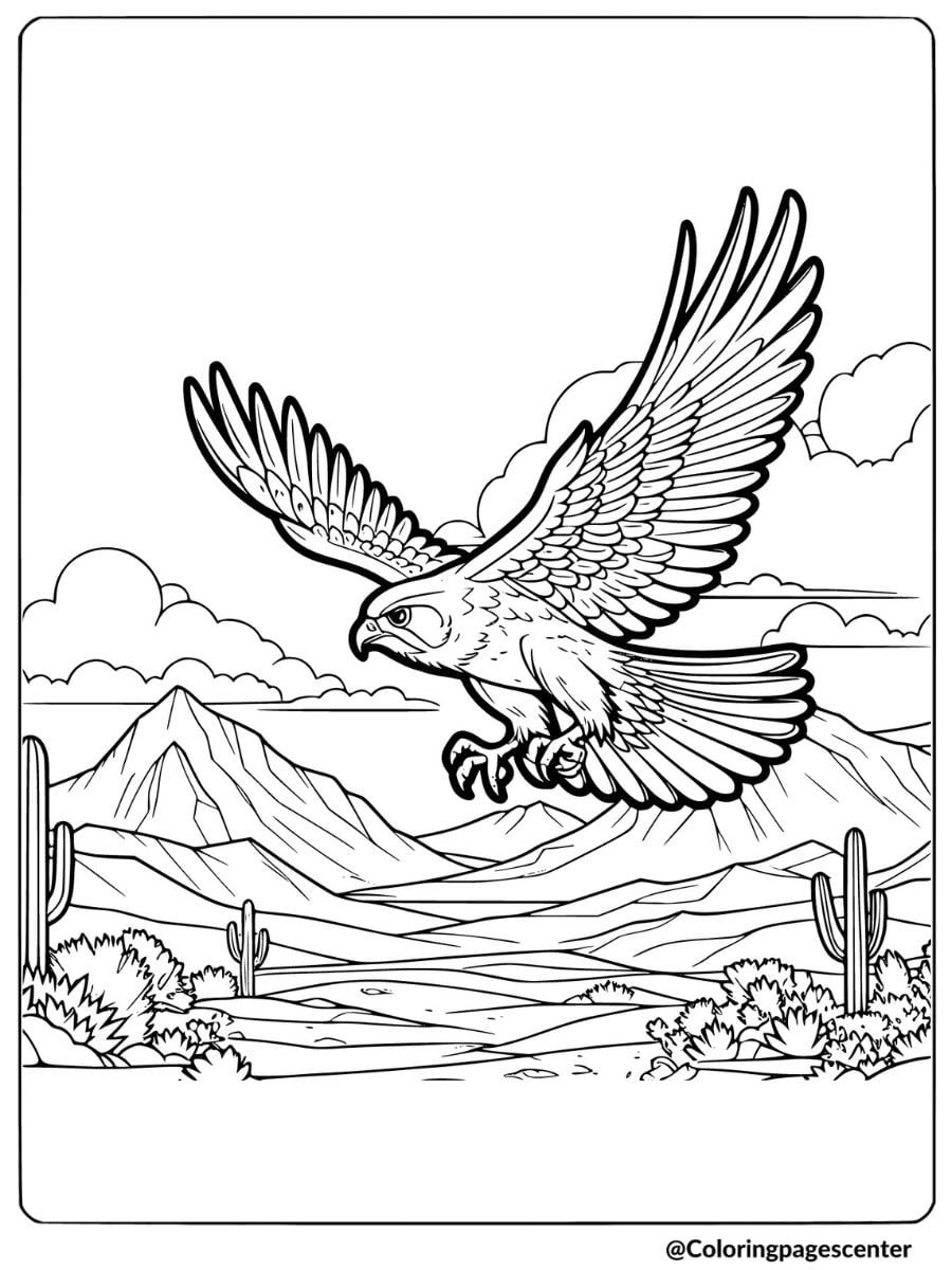 A falcon flying over a desert landscape coloring page