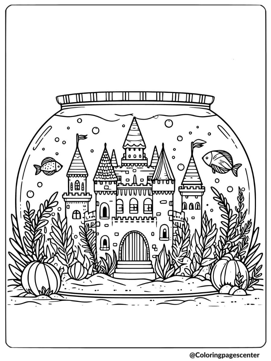 Coloring page of a fish bowl with a castle inside