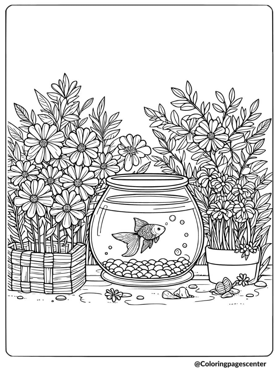 Coloring page of a fish bowl placed among flowers and pots