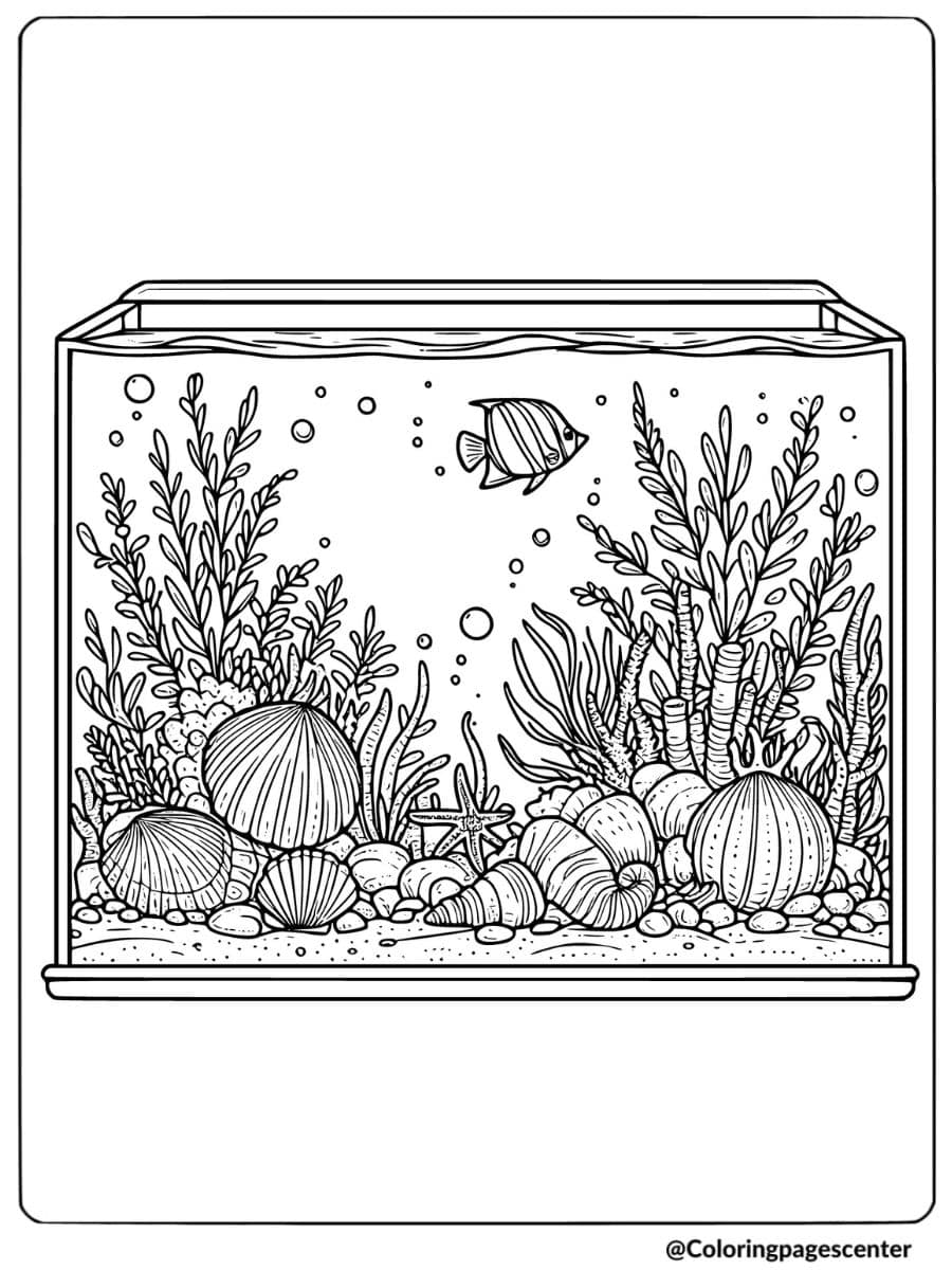 Coloring page of a fish tank filled with shells and sea plants