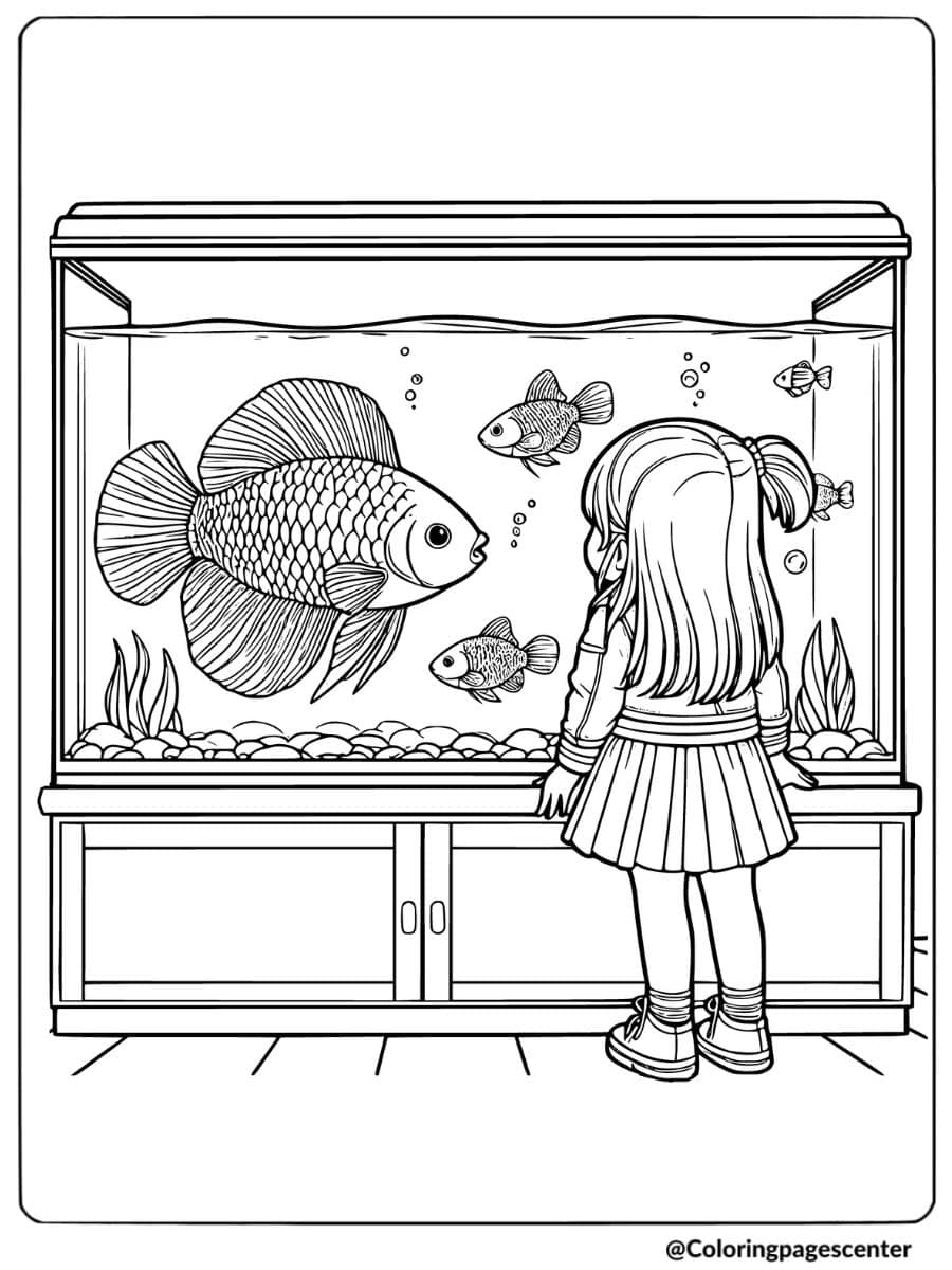 Coloring page of a girl observing a fish tank