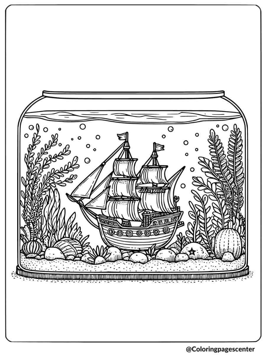 Coloring page featuring a ship inside a fish bowl