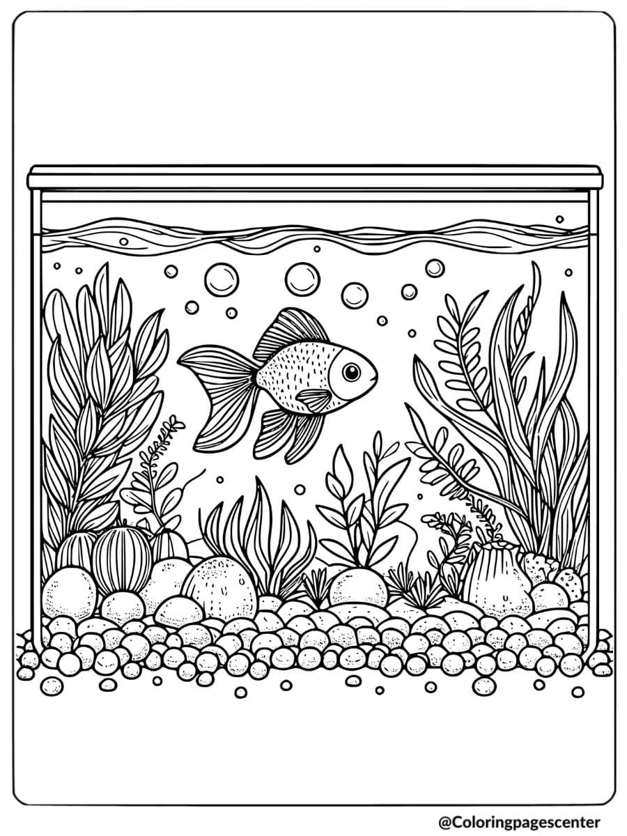 Coloring page of a fish tank with fish and plants