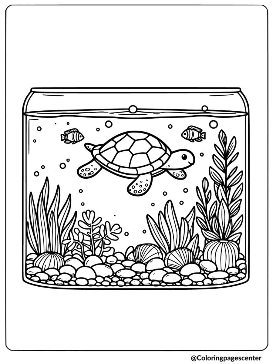 Coloring page depicting a turtle swimming in a fish bowl