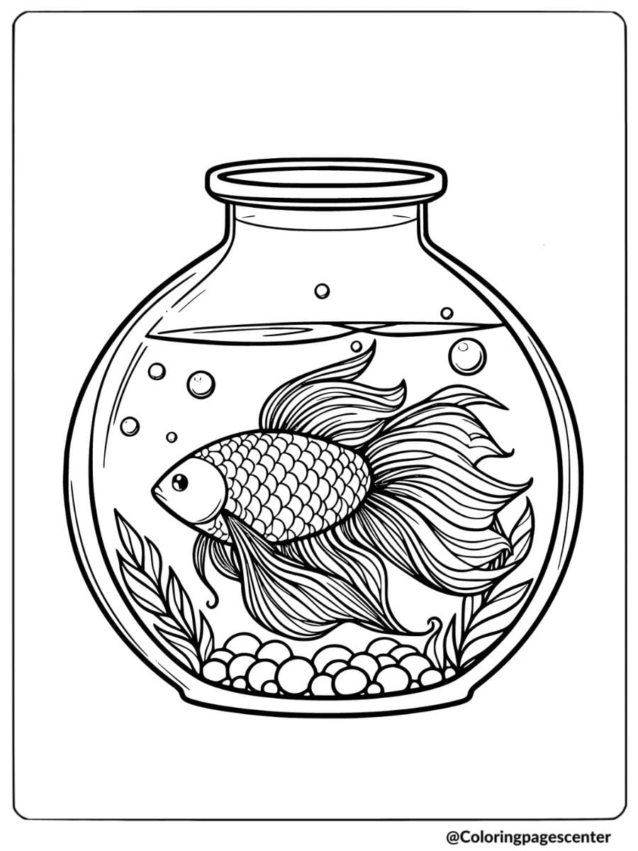 Betta fish with flowing fins in a glass bowl coloring page