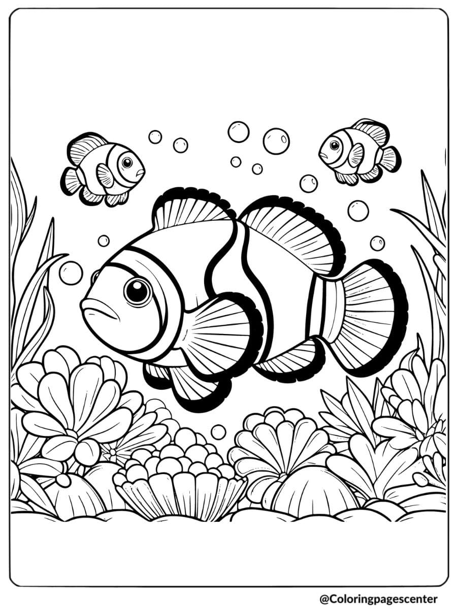 Clownfish family in the reef with bubbles coloring page