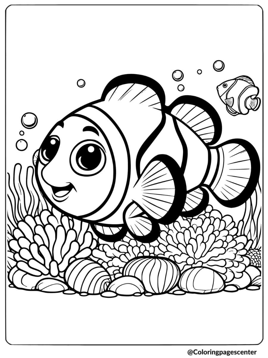 Clownfish swimming near coral reef coloring page