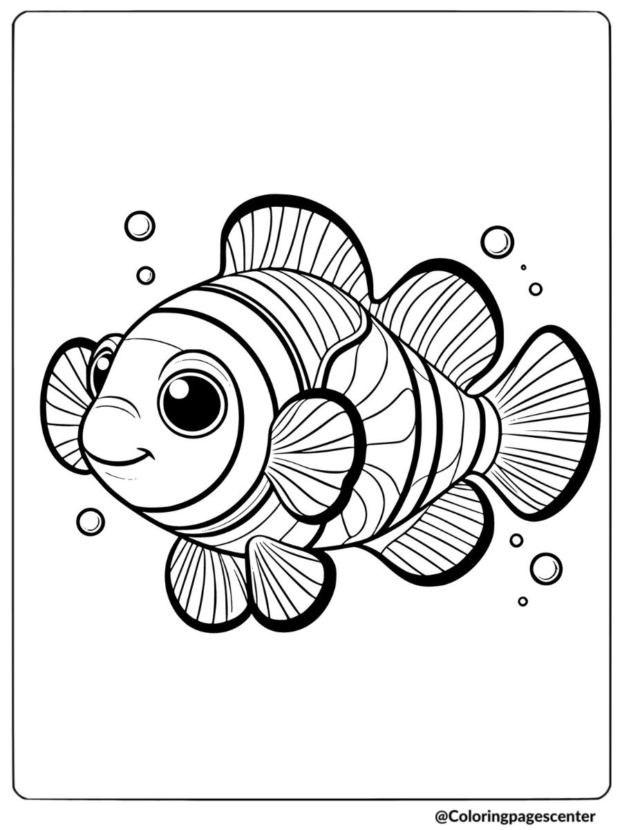 Happy clownfish swimming with bubbles coloring page