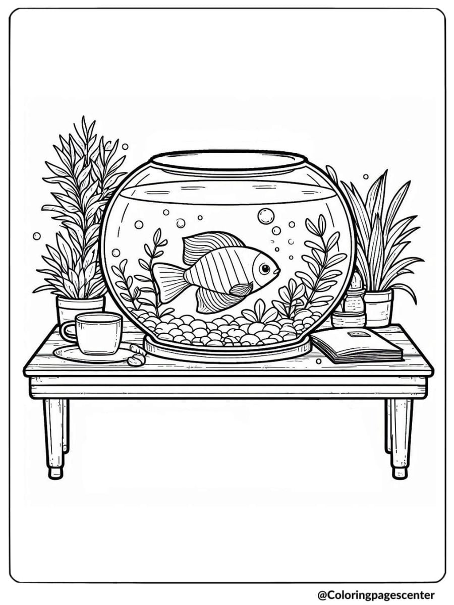 Fishbowl with fish and a cozy table setup coloring page