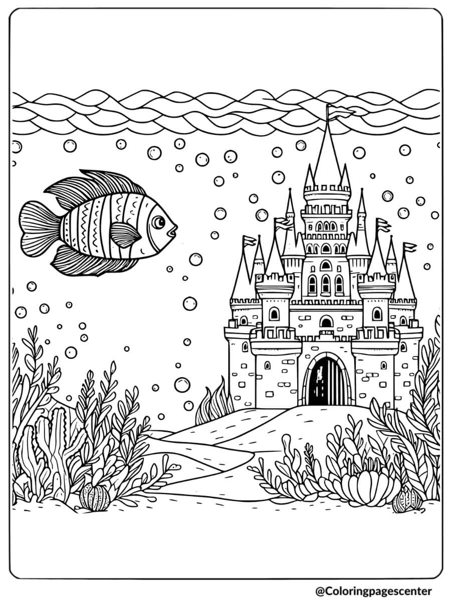 Fish near an underwater castle coloring page