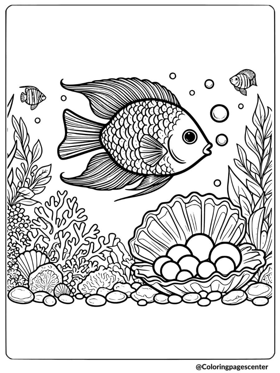 Fish swimming in a coral reef coloring page