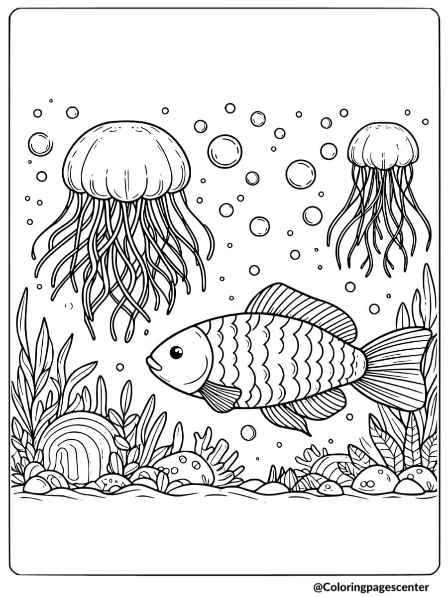 Fish swimming with jellyfish and corals coloring page