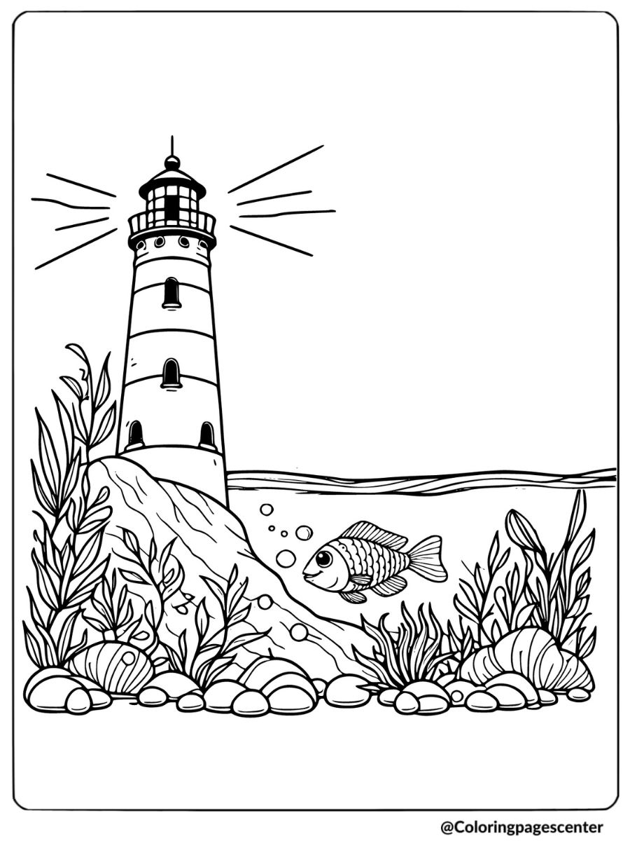 Fish swimming near lighthouse coloring page