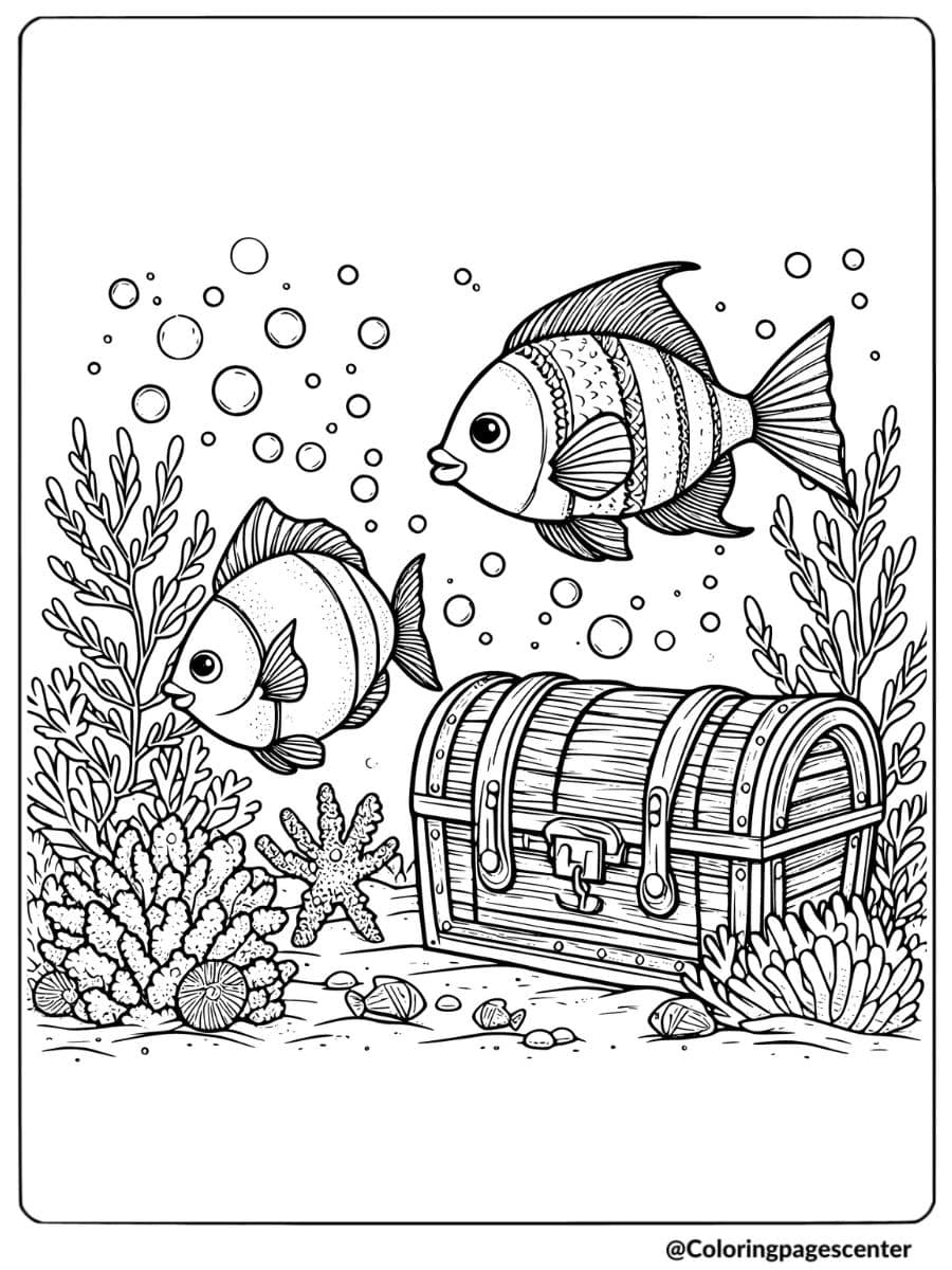 Two fish near treasure chest and corals coloring page