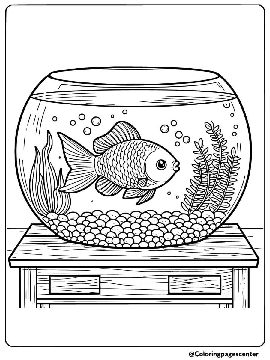 Fish in a glass bowl with plants on a table coloring page