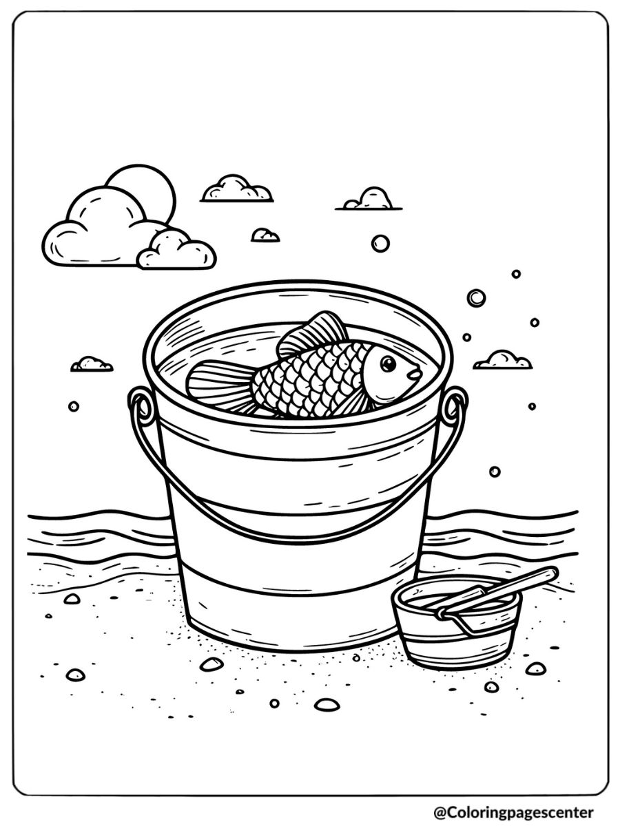 Fish resting in a bucket by the sea with clouds coloring page