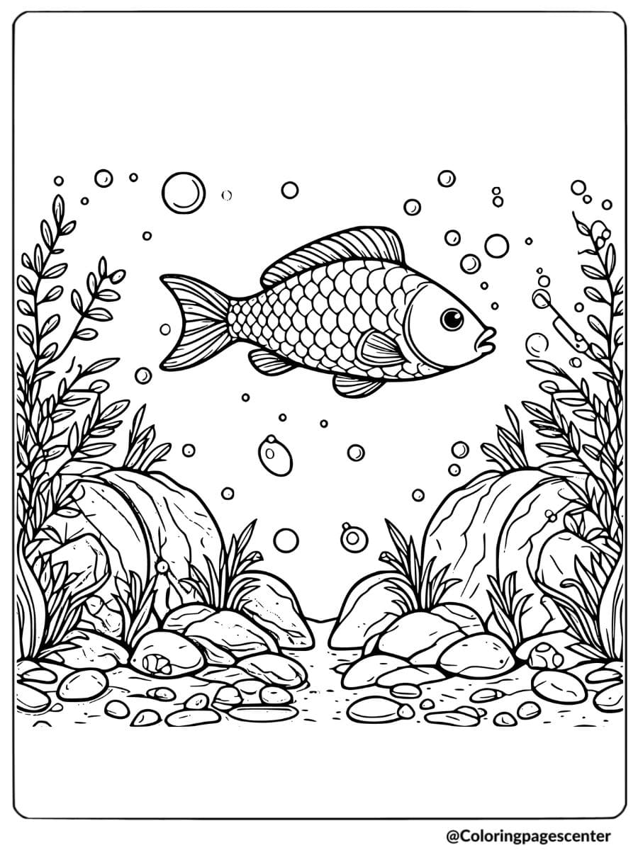 Fish in a peaceful ocean scene with bubbles coloring page