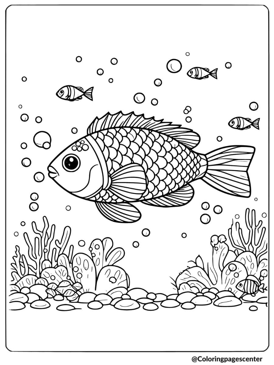 Fish and coral reef underwater with bubbles coloring page