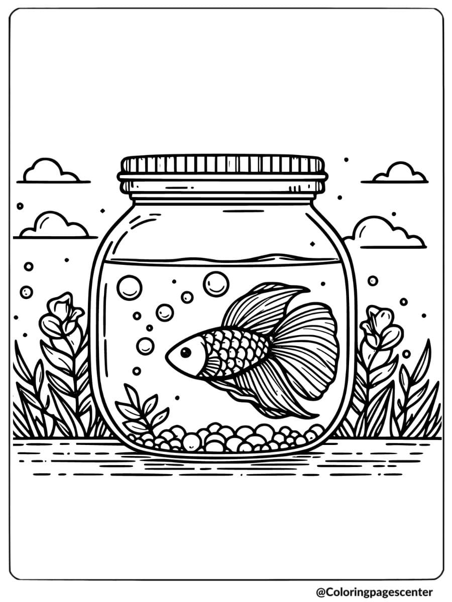 Fish in a jar surrounded by plants coloring page