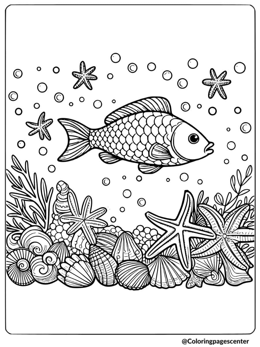 Fish with starfish and seashells in ocean coloring page