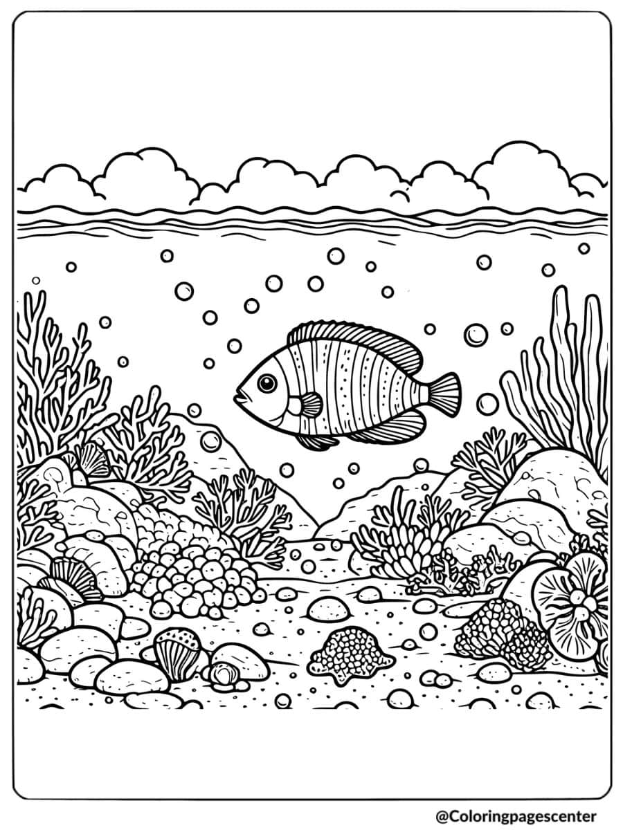 Fish swimming in the ocean with coral coloring page