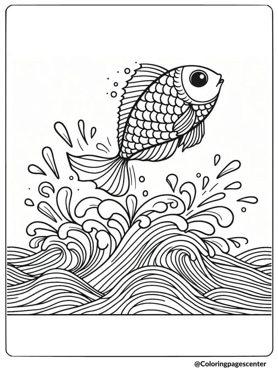 Fish leaping over ocean waves coloring page